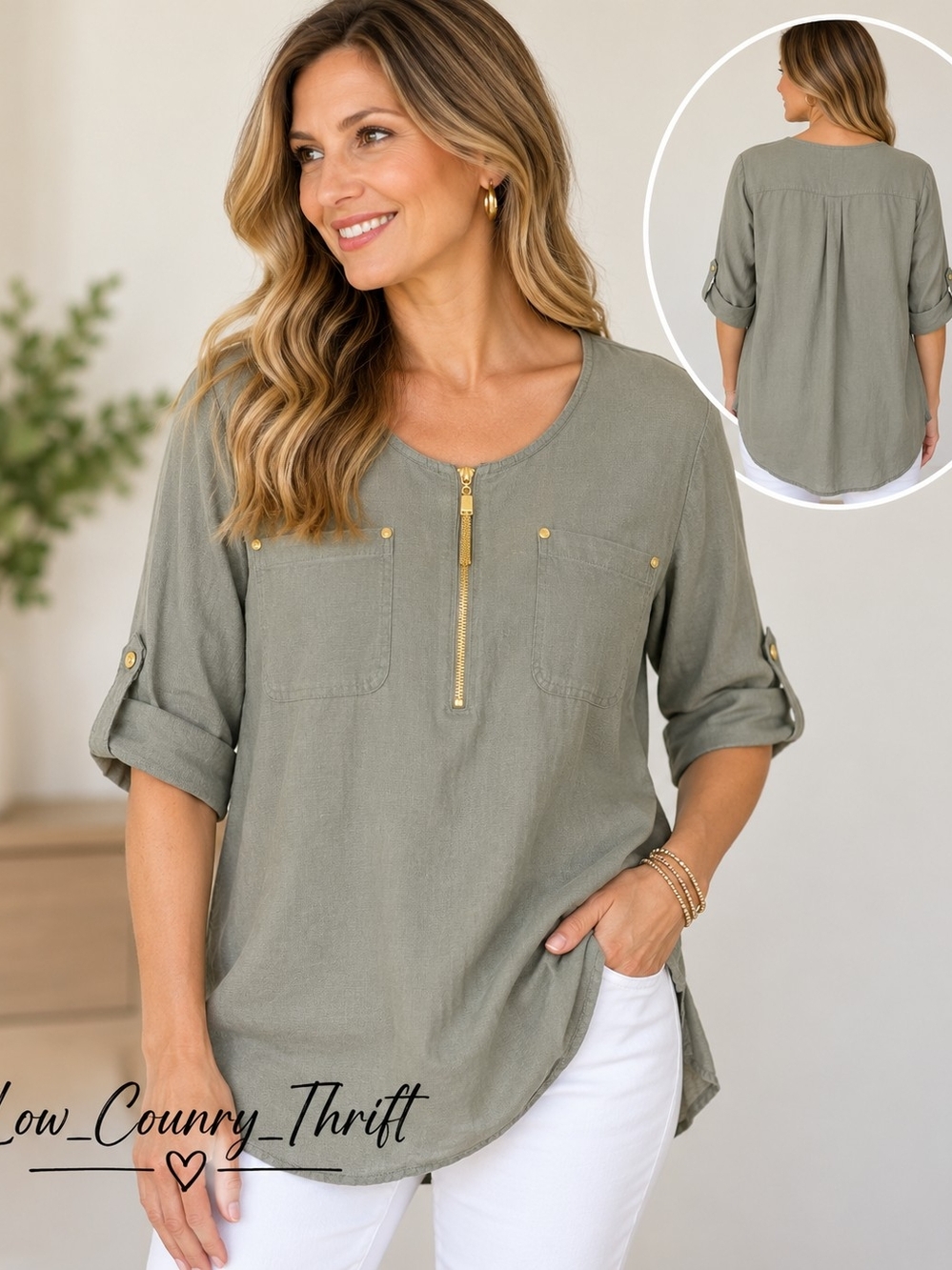 Ellen Tracy Linen Blend Tunic Women's XL Sage Green Half Zip Pockets